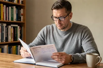 Homme adulte révisant le code de la route avec un manuel ouvert sur un bureau en bois, ambiance studieuse à domicile