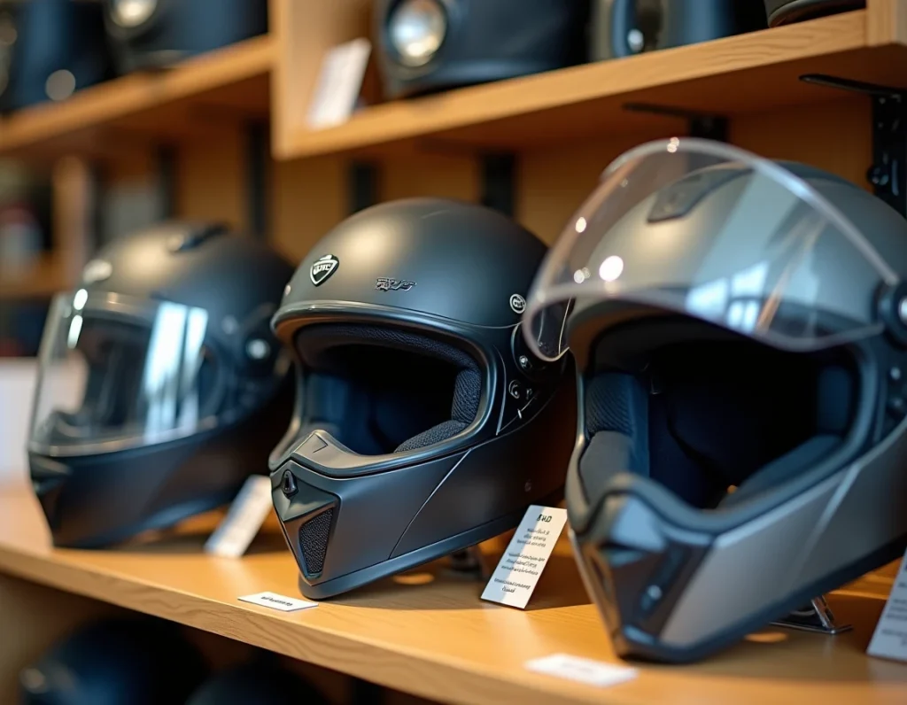 Sélection de casques moto homologués exposés sur une étagère dans une boutique spécialisée en équipements