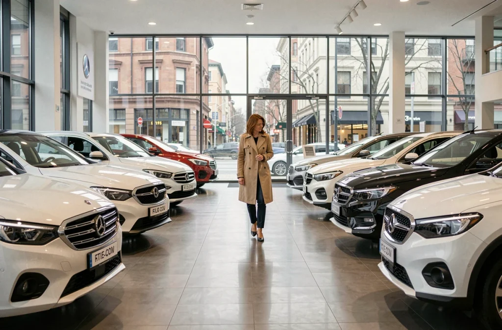 Femme découvrant différents sigles de marques automobiles dans une salle d'exposition moderne