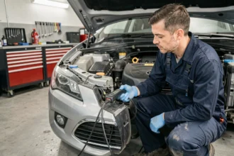 Technicien automobile diagnostiquant le code défaut diesel 1351 avec un scanner OBD-II dans un garage professionnel