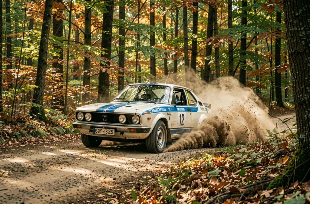 Voiture de rallye ancienne en dérapage contrôlé sur une route forestière en terre lors d'une épreuve historique