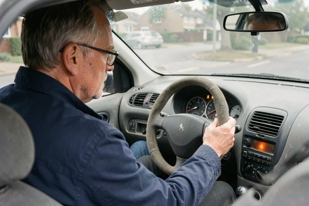 Conducteur face au tableau de bord d'une Peugeot 206 avec voyant d'anomalie allumé, signe d'une panne à diagnostiquer