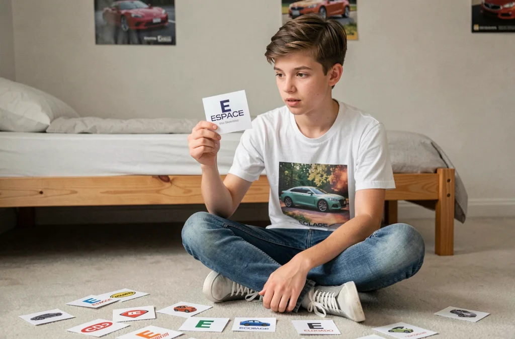 Adolescent révisant les marques de voitures en E avec des fiches mémoire sur le sol de sa chambre