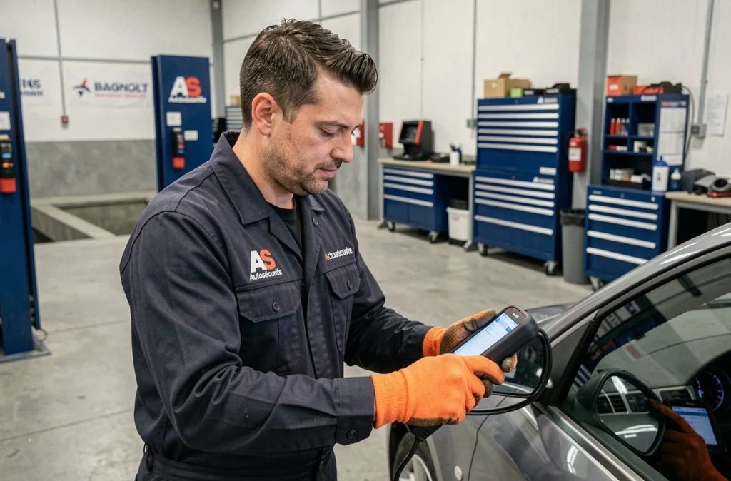 Technicien AS Autosécurité effectuant un diagnostic électronique sur un véhicule à Bagnolet