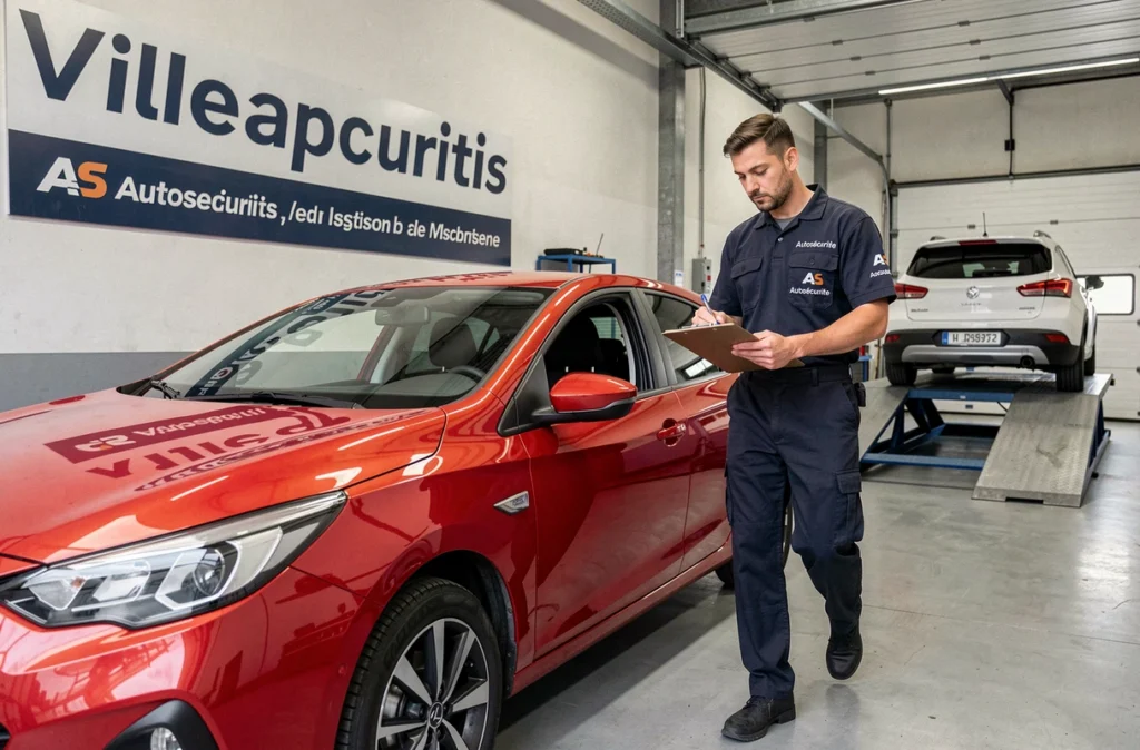 Technicien AS Autosécurité notant les résultats d'inspection d'un véhicule dans le centre de Villeparisis