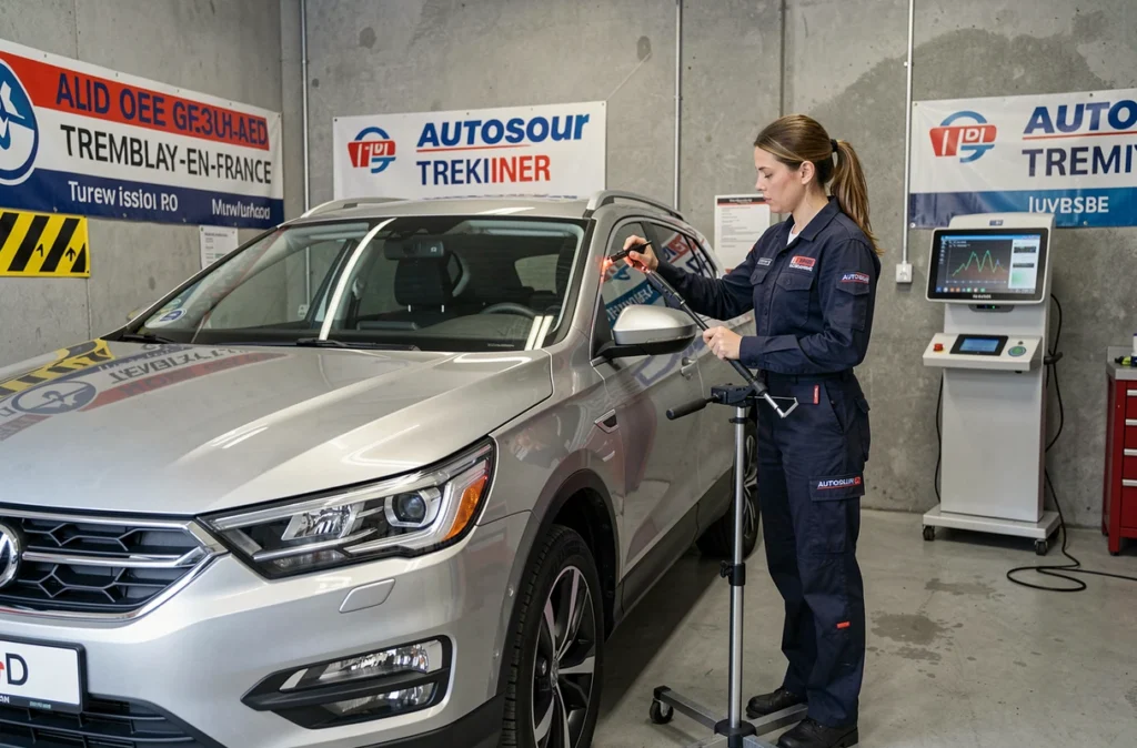 Technicienne Autosur CTAT réglant les phares d'un SUV dans le centre de Tremblay-en-France