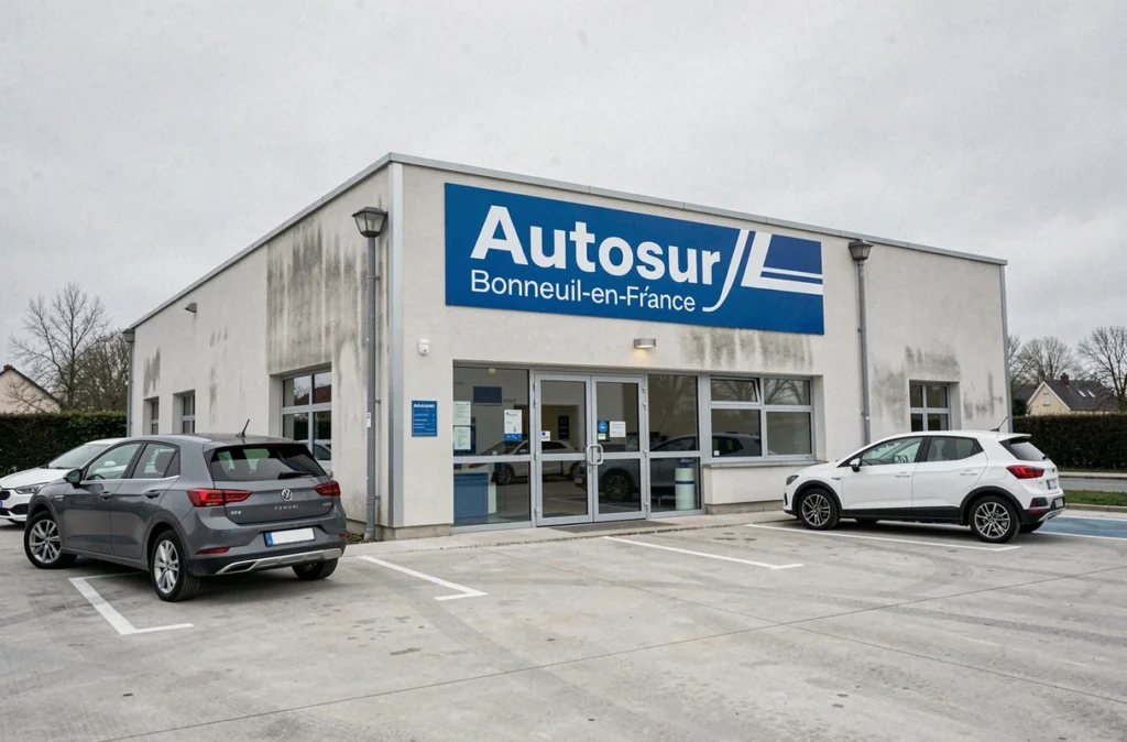 Façade extérieure du centre Autosur CTM à Bonneuil-en-France avec des véhicules stationnés devant