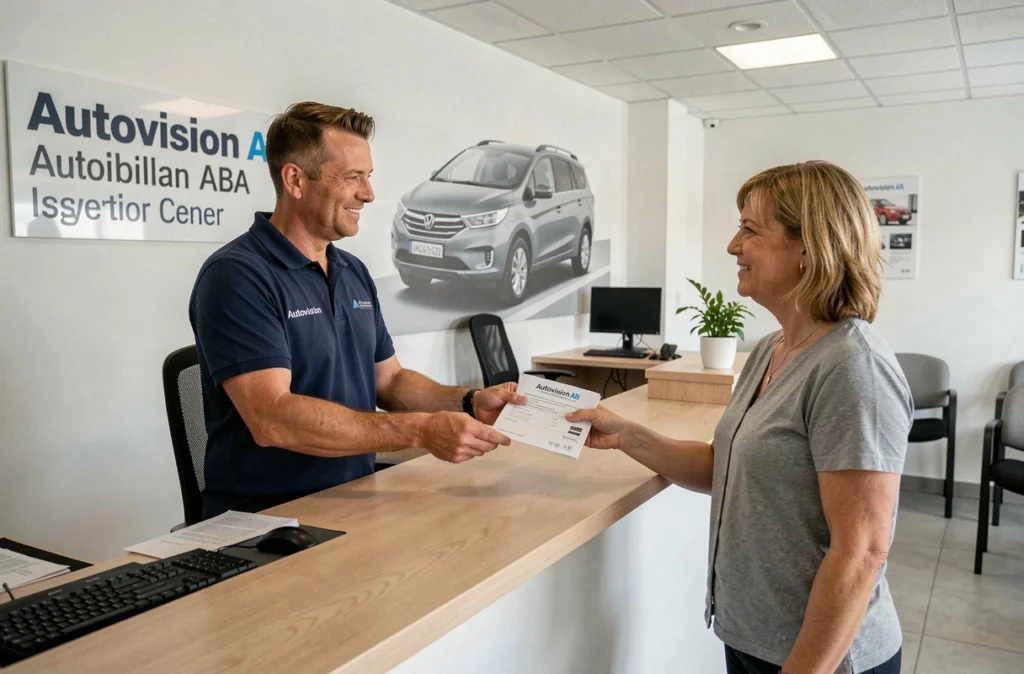 Réceptionniste Autovision AB Autobilan remettant le rapport de contrôle technique à une cliente