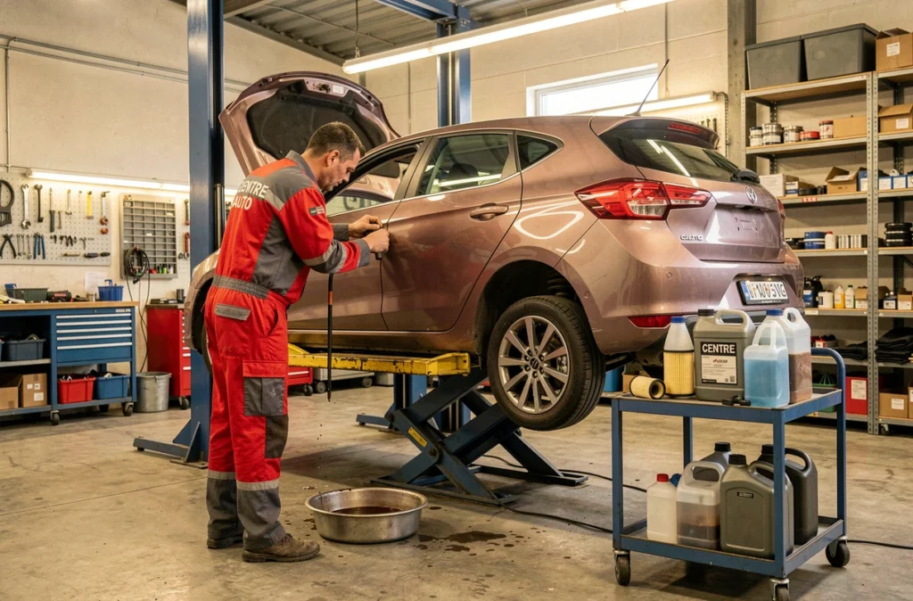 Mécanicien du Centre Auto 60 à Tremblay effectuant une révision complète sous une voiture sur pont hydraulique