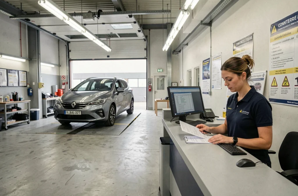 Accueil client au centre de Contrôle Technique Lognes, employée vérifiant les documents d'un véhicule