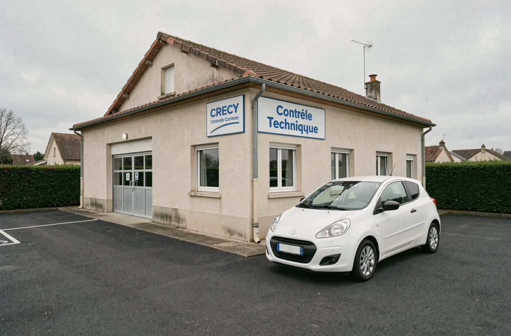 Extérieur du centre CRECY Controle avec un véhicule stationné devant l'entrée