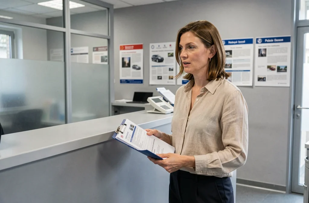 Femme déposant des documents de carte grise au guichet d'une préfecture française