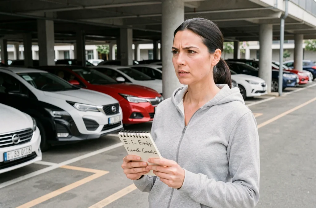 Femme prenant des notes sur les marques de voitures en E dans un parking urbain