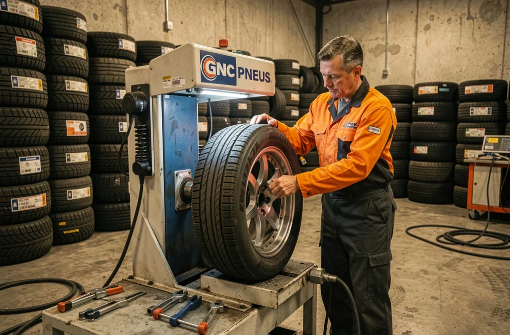 Spécialiste pneus de GNC Pneus à Tremblay montant un pneu neuf sur une jante à l'aide d'une machine professionnelle