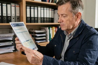 Homme examinant une carte grise française assis à un bureau à domicile