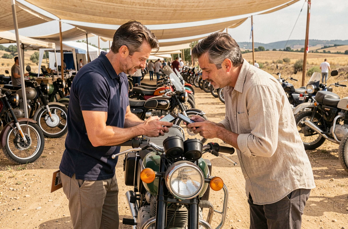 Deux hommes consultant un historique de moto d'occasion sur smartphone dans un marché moto du sud de la France