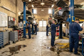 Atelier de mécanique automobile dans l'Oise avec plusieurs mécaniciens travaillant sur des véhicules levés sur ponts
