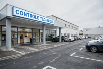 Vue extérieure d'un centre de contrôle technique automobile en Île-de-France avec des voitures en file d'attente sur le parvis