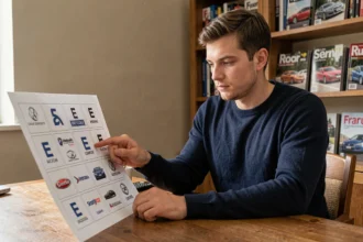 Homme étudiant un tableau des marques de voitures commençant par la lettre E à son bureau