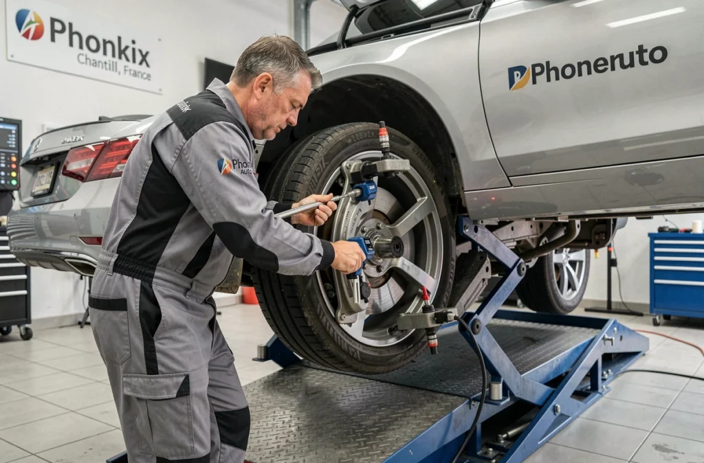 Mécanicien de Phoenix Auto à Chantilly réalisant un contrôle de géométrie sur une berline de luxe