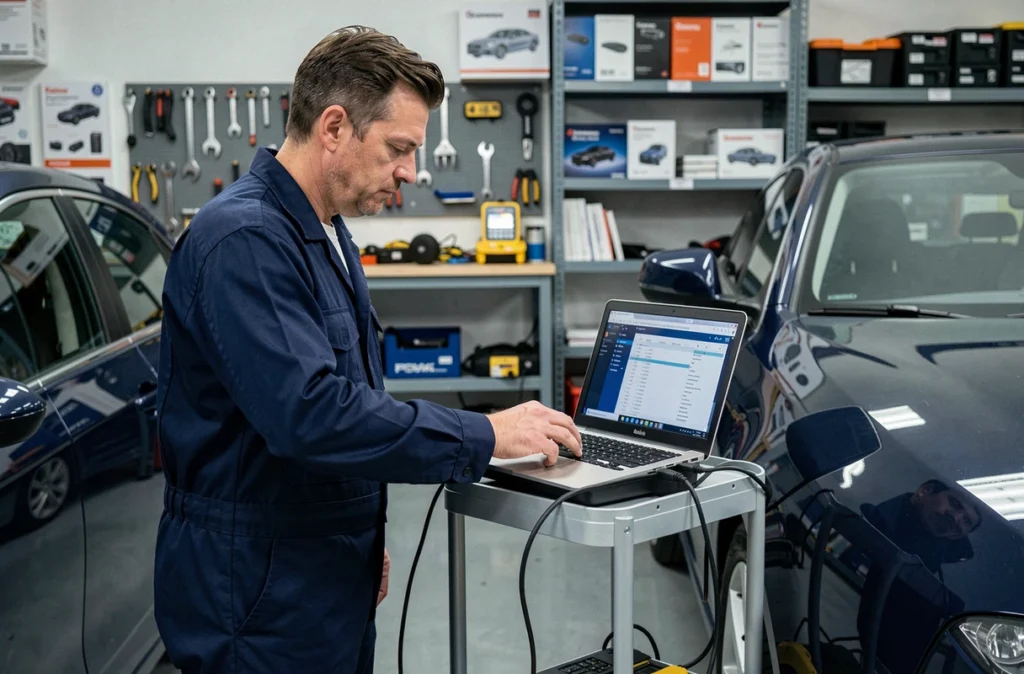 Technicien de R Diag Auto à Senlis effectuant un diagnostic électronique sur un véhicule avec un scanner OBD