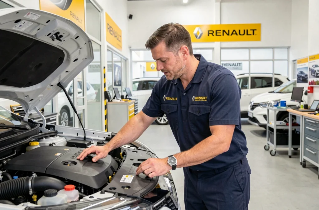 Mécanicien du Renault Senlis Groupe Gueudet en uniforme officiel inspectant le moteur d'un SUV Renault