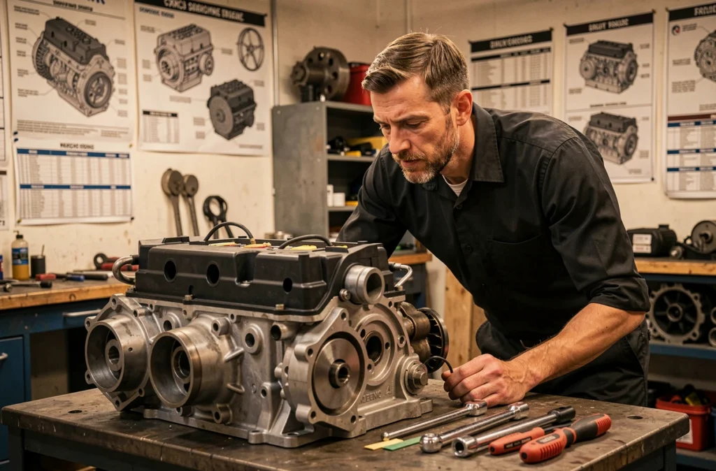 Spécialiste en optimisation moteur de Schultz à Bury travaillant sur un moteur turbocompressé sur établi