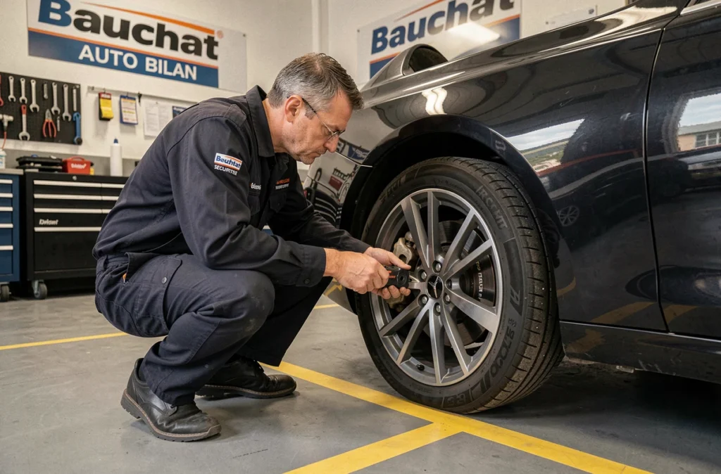 Technicien Sécuritest Bauchat Auto Bilan inspectant les freins d'un véhicule dans un atelier