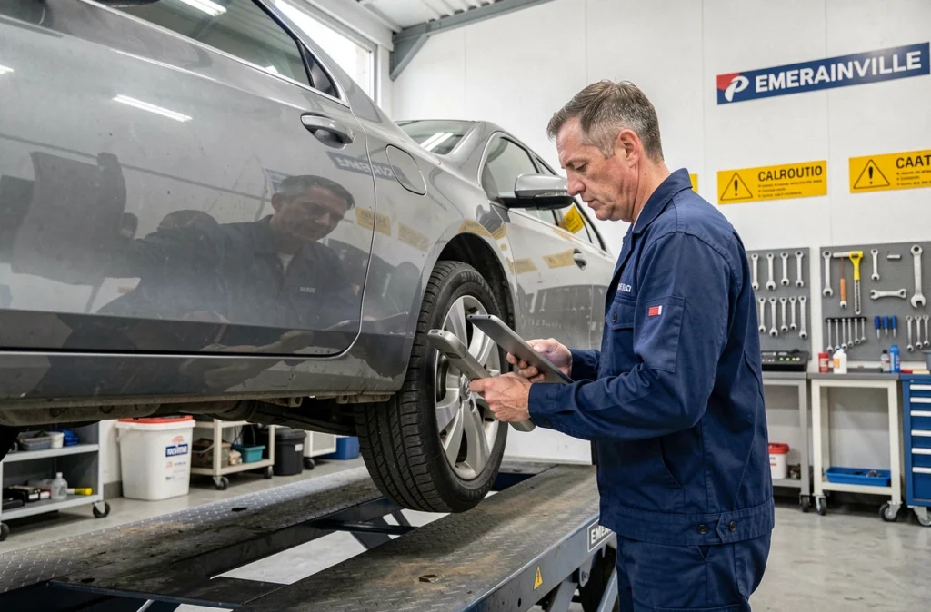 Technicien en uniforme bleu réalisant une inspection sous caisse dans le centre Sécuritest d'Emerainville