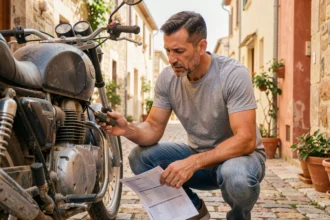 Homme inspectant l'historique d'une moto d'occasion dans une rue méditerranéenne à Agde