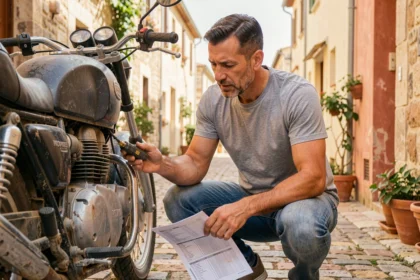 Homme inspectant l'historique d'une moto d'occasion dans une rue méditerranéenne à Agde