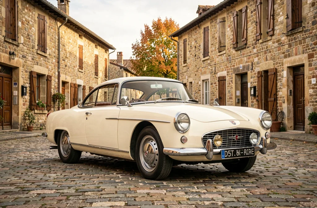 Voiture de collection vintage des années 1960 garée sur une place de village en France