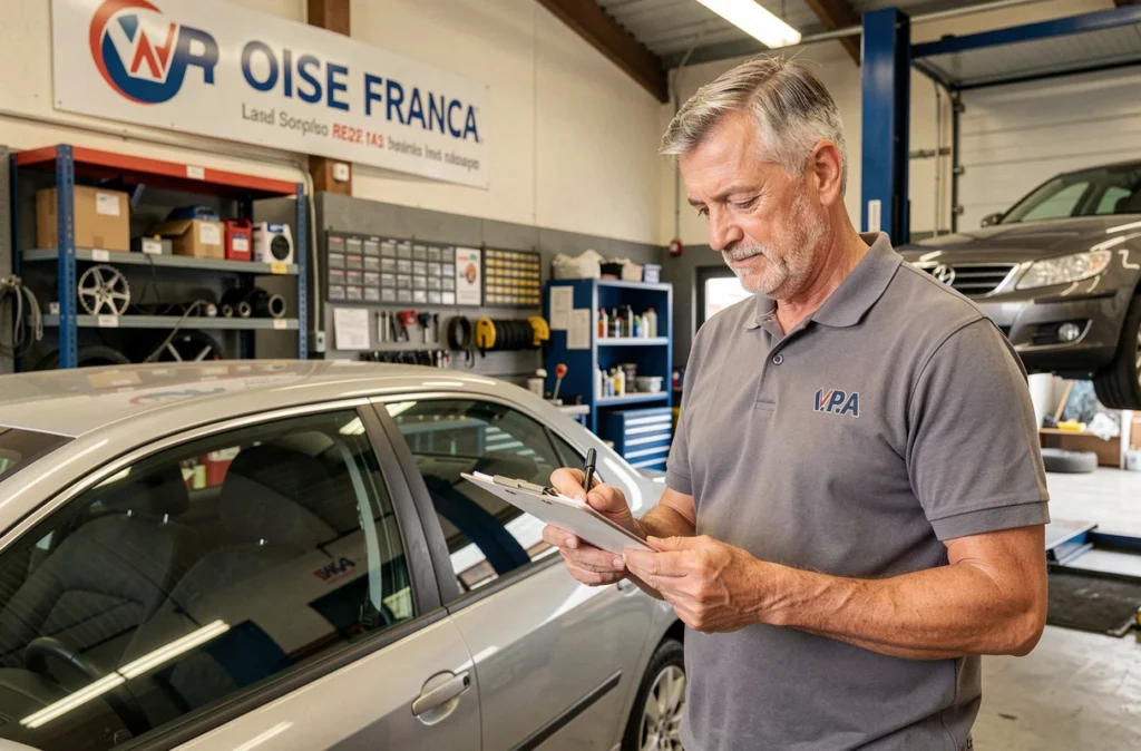 Professionnel de V.P.A dans l'Oise consultant un rapport de contrôle technique sur une planchette dans son garage