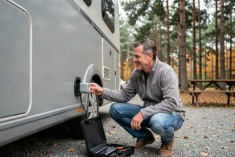 Homme installant un module d'innovation énergétique sur un camping-car garé dans un camping forestier en automne