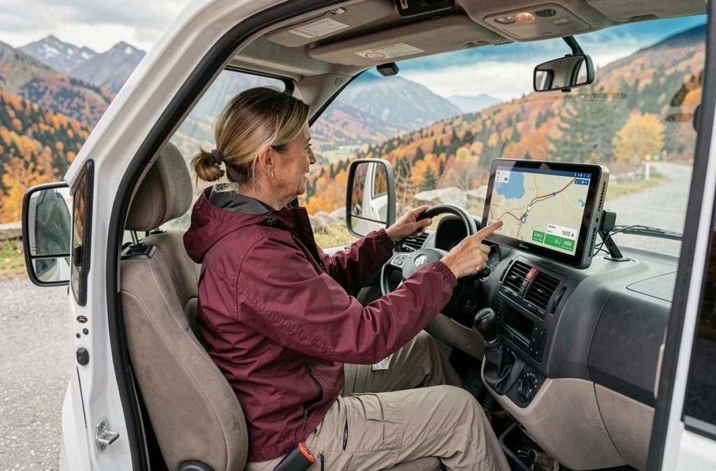 Femme utilisant un système GPS connecté installé en retrofit dans le tableau de bord d'un camping-car avec vue sur la montagne